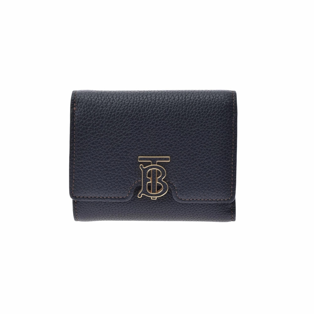 BURBERRY TB Folding Wallet Black Grainy Leather Tri fold